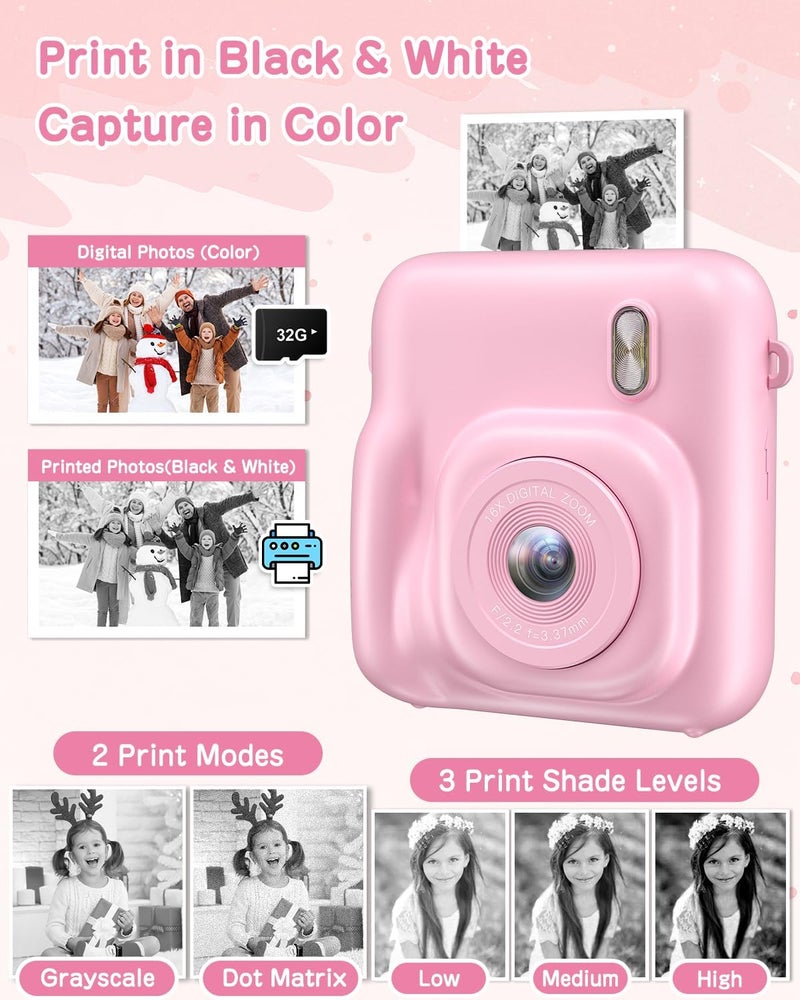 Fulealfly Kids Camera Instant Print, 48MP Selfie Digital Camera for Kids Christmas Birthday Gifts, 1080P Instant Print Cameras with Print Paper, 32GB Card, Toddle Toy for 4 5 6 7 8 9 Year Old Boys Girls-Pink - Image 3
